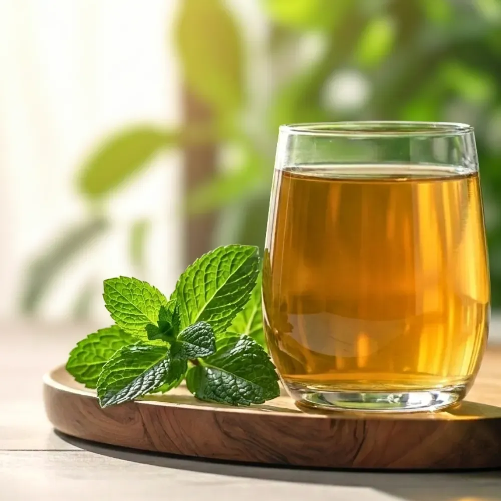 A glass of mint tea on a wooden tray